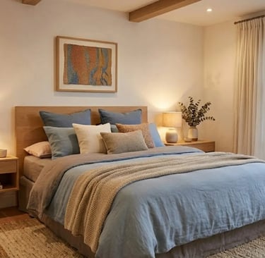 Camera da letto accogliente con arredi in legno naturale, tessuti morbidi e vista sul giardino