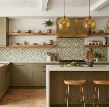 Cucina in stile country contemporaneo con isola centrale, piastrelle decorative e dettagli in legno
