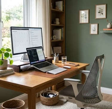 Home office con scrivania in legno, parete verde salvia e piante da interno