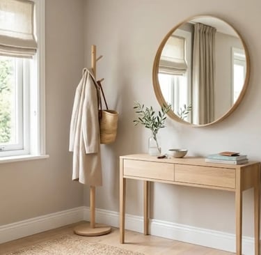 Zona ingresso minimalista con specchio rotondo, consolle in legno e tonalità neutre