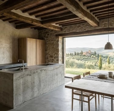 Cucina in stile rustico con travi a vista, pareti in pietra e ampie aperture sul paesaggio