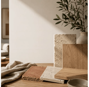 Campioni di materiali naturali per interior design con legno, pietra e finiture materiche