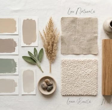 Moodboard materico con palette neutra, lino naturale, legno chiaro e tonalità verde salvia