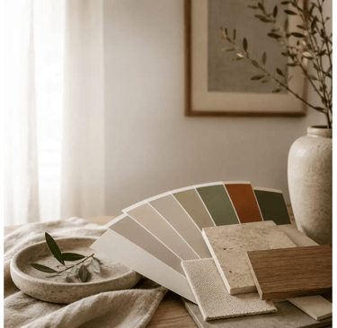 Palette colori e campioni di materiali naturali per un progetto di interior design
