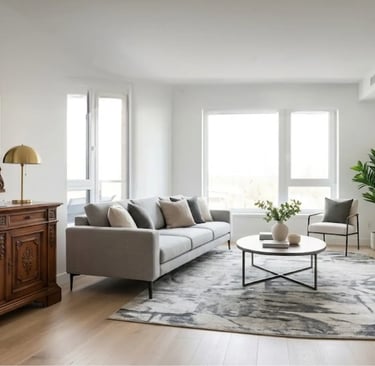 Una madia antica e massiccia perfettamente integrata in un living moderno e luminoso