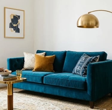 Soggiorno elegante con divano blu petrolio, lampada ad arco e dettagli in ottone