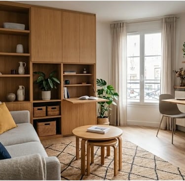 Moderno monolocale arredato con un divano grigio, librerie in legno e una piccola zona pranzo.