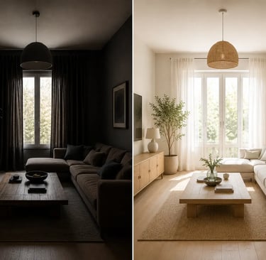 Confronto diretto tra un soggiorno buio e un soggiorno moderno, luminoso e arioso, inondato di luce