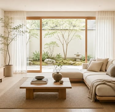 Un ambiente moderno arredato in stile Japandi con divano e tavolino bassi in legno chiaro