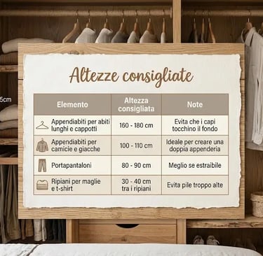 Tabella altezze consigliate all'interno della cabina armadio
