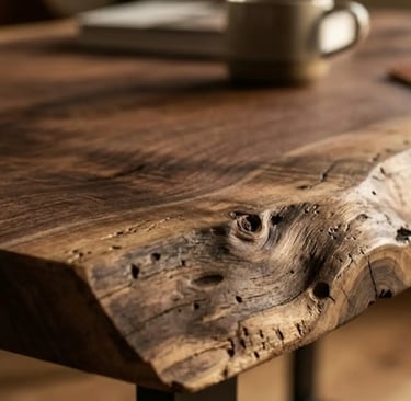 Dettaglio di tavolo in legno massello con bordo naturale e venature a vista