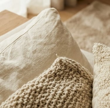 Cuscini in tessuti naturali dalle tonalità neutre con texture morbide e avvolgenti