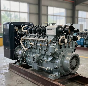 Technician performing maintenance on a large generator in an industrial setting.