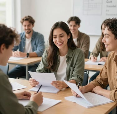 Classroom scene with diverse adult students engaged in a language lesson at ida sprach- und integrationsakademie.