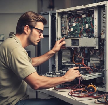 A sleek grayscale laptop and desktop setup glowing softly against a black background