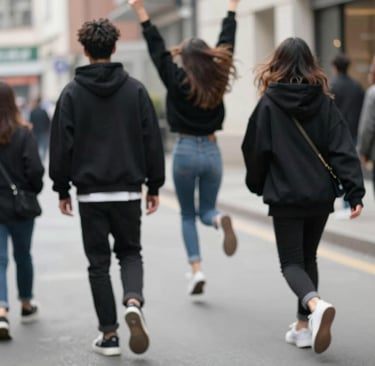 A model walking confidently down a city street wearing clean, contemporary apparel from nexaura.