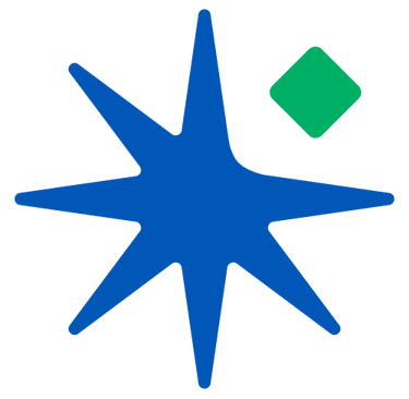 Abstract blue star graphic with a green diamond accent on a black background.