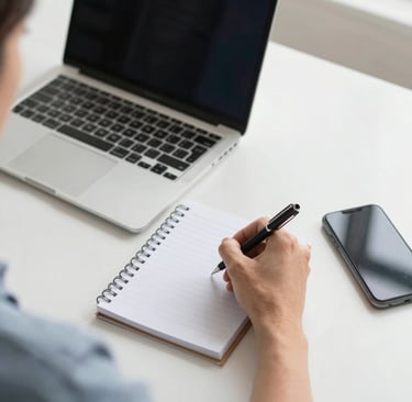 A friendly local business owner happily using a laptop to request a website quote.