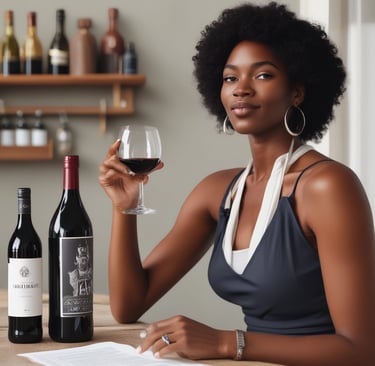 A woman inspecting wine bottles in a cozy wine cellar.