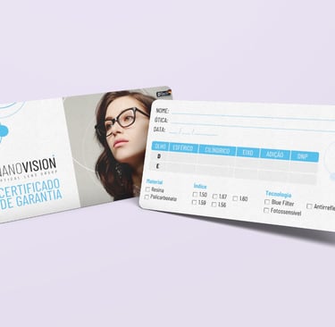 Nanovision optical lens warranty card featuring prescription details and a woman wearing stylish glasses.