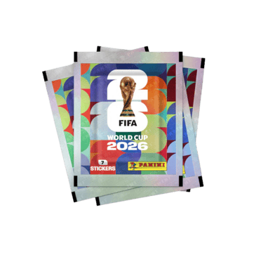 Three Panini FIFA World Cup 2026 sticker packets featuring the official trophy and logo.
