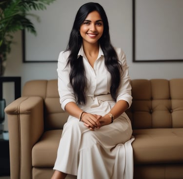 Photo of a confident woman standing in a modern office interior.