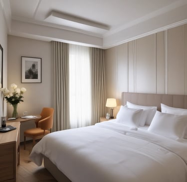 A sparkling clean hotel lobby with polished floors and fresh flowers on the reception desk.