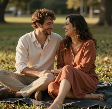 A candid photography shot of a couple sitting on a charcoal blanket in a park, laughing naturally. The scene is bathed in warm, sun-drenched golden light. They are wearing light cream and soft terracotta tones. The composition is intimate and cinematic.