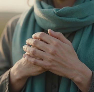 A close-up detail shot of two hands gently holding each other, with a soft teal green scarf visible in the frame. The lighting is warm and hazy, suggesting a late afternoon sun. Authentic and emotional atmosphere.