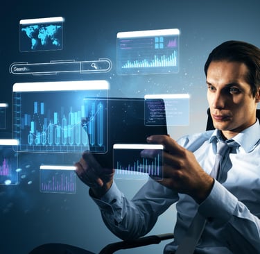 Ejecutivo analizando dashboards financieros digitales en una pantalla, representando la toma de deci