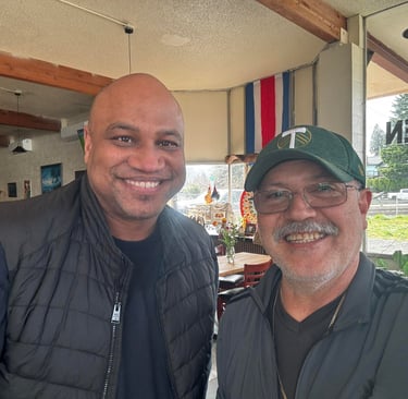 Mayor of Gresham Travis Stovall and restaurant owner Jorge Zuniga at Las Brasas 