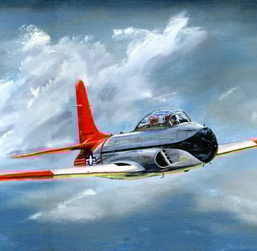 AN image of the oil painting, "Air Race" featuring a T-33 fly past an air race pylon