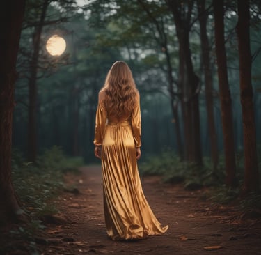 Frau in goldenem Kleid spaziert einen Waldweg entlang