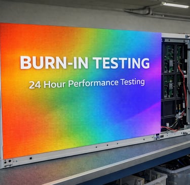 A large LED display panel undergoing 24-hour performance burn-in testing in a quality control facility.