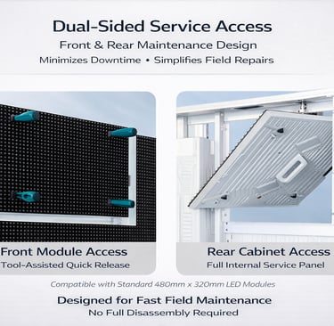 LED screen panels showing dual-sided front and rear maintenance access for quick field repairs.