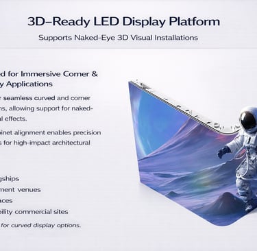 Naked-eye 3D LED display platform showing an astronaut visual on a seamless corner screen.
