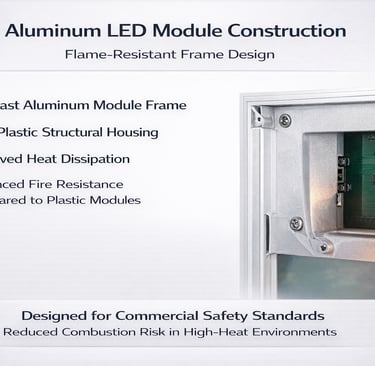 Diagram of flame-resistant die-cast aluminum LED module construction with heat dissipation features.