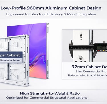 Low-profile 960mm aluminum LED display cabinet featuring a 92mm slim commercial profile for structural efficiency.