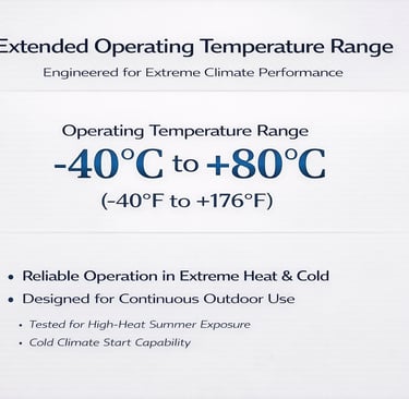 Extended operating temperature range infographic showing performance from -40C to +80C for extreme climate use.