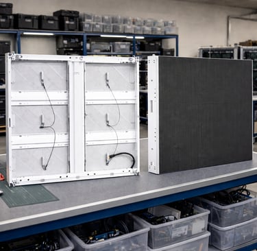 Professional LED display panel units showing front and back internal wiring on a workshop workbench.