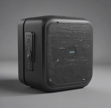 A compact drone hovering over a green park during sunset.