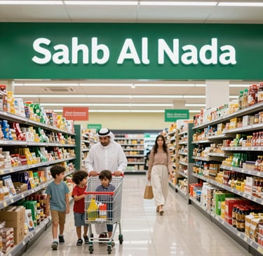 Bright and inviting interior of Sahb Al Nada supermarket with well-stocked aisles.