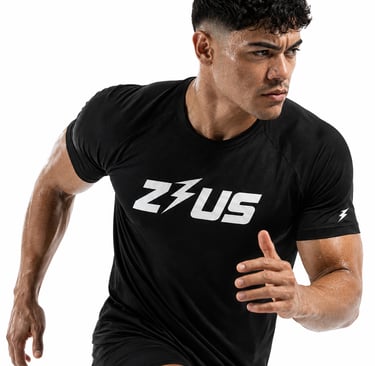 Zeus Activewear workout shirt NZ for men, showing black athletic fit gym t-shirt designed for training and daily wear