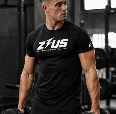 Male athlete training in a gym wearing a black Zeus performance tee, showcasing modern gym wear NZ.