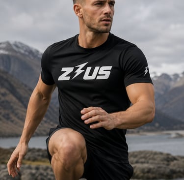 Male model wearing a Zeus Activewear quick dry gym shirt inside a gym, showcasing premium mens gym w
