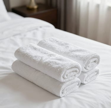 Smiling hotel receptionist handing over clean towels to a guest at the front desk.