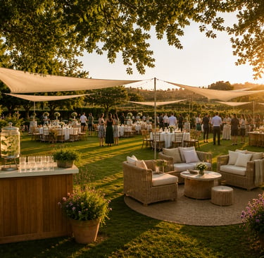 Événement organisé en extérieur avec voiles d’ombrage, mobilier lounge, bar à boissons et invités ré