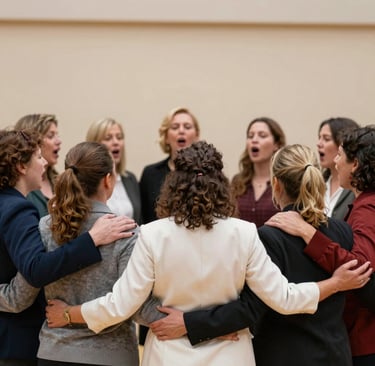 A warm, inviting circle of participants engaged in a live online IFS workshop, faces glowing with connection.