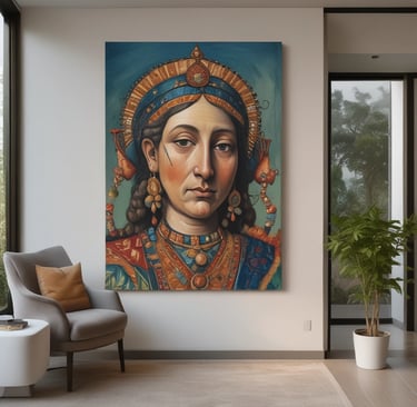 A historic master's portrait showing delicate detail and a rich color palette framed in an ornate gold frame.