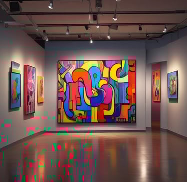 A lively street art mural blending traditional motifs with cutting-edge spray paint techniques on an urban wall.